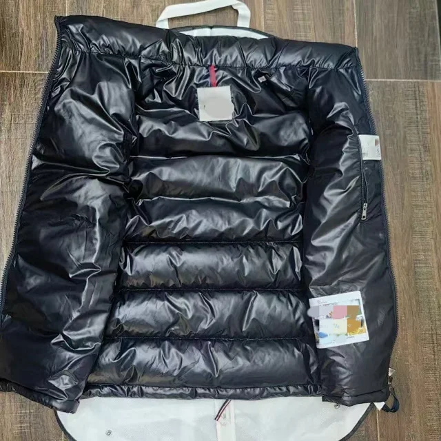 Moncler Vests Glossy quilted stand-collar down vest with contrast-trimmed collar product detail image 9