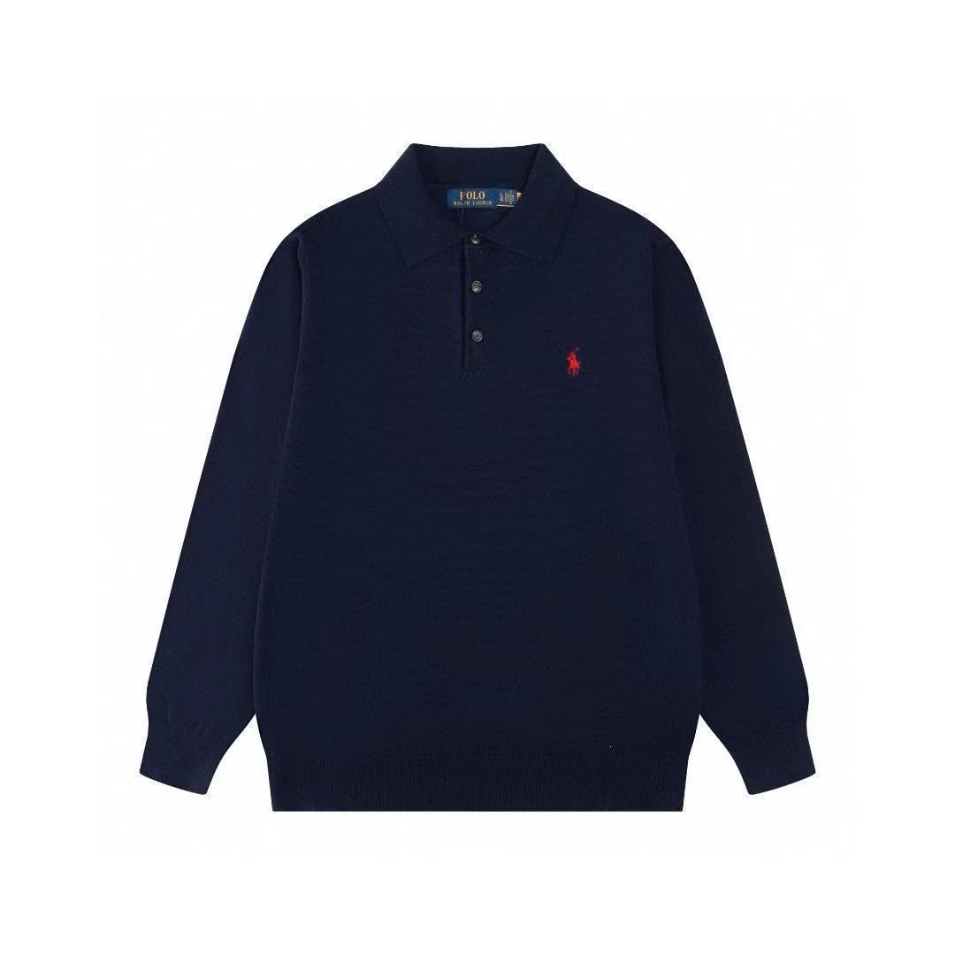 Polo Ralph Lauren Knitwear Long-Sleeve Polo-Collar Knit Sweater — Navy Blue with Red Logo