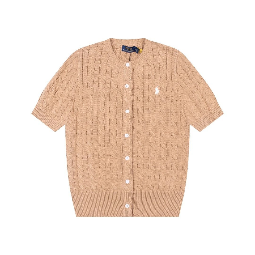 Polo Ralph Lauren Knitwear Cable-Knit Short-Sleeve Button-Front Cardigan — Khaki