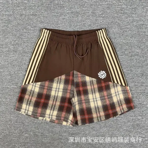 Design Patchwork Plaid Shorts Brown Beige Red - 1