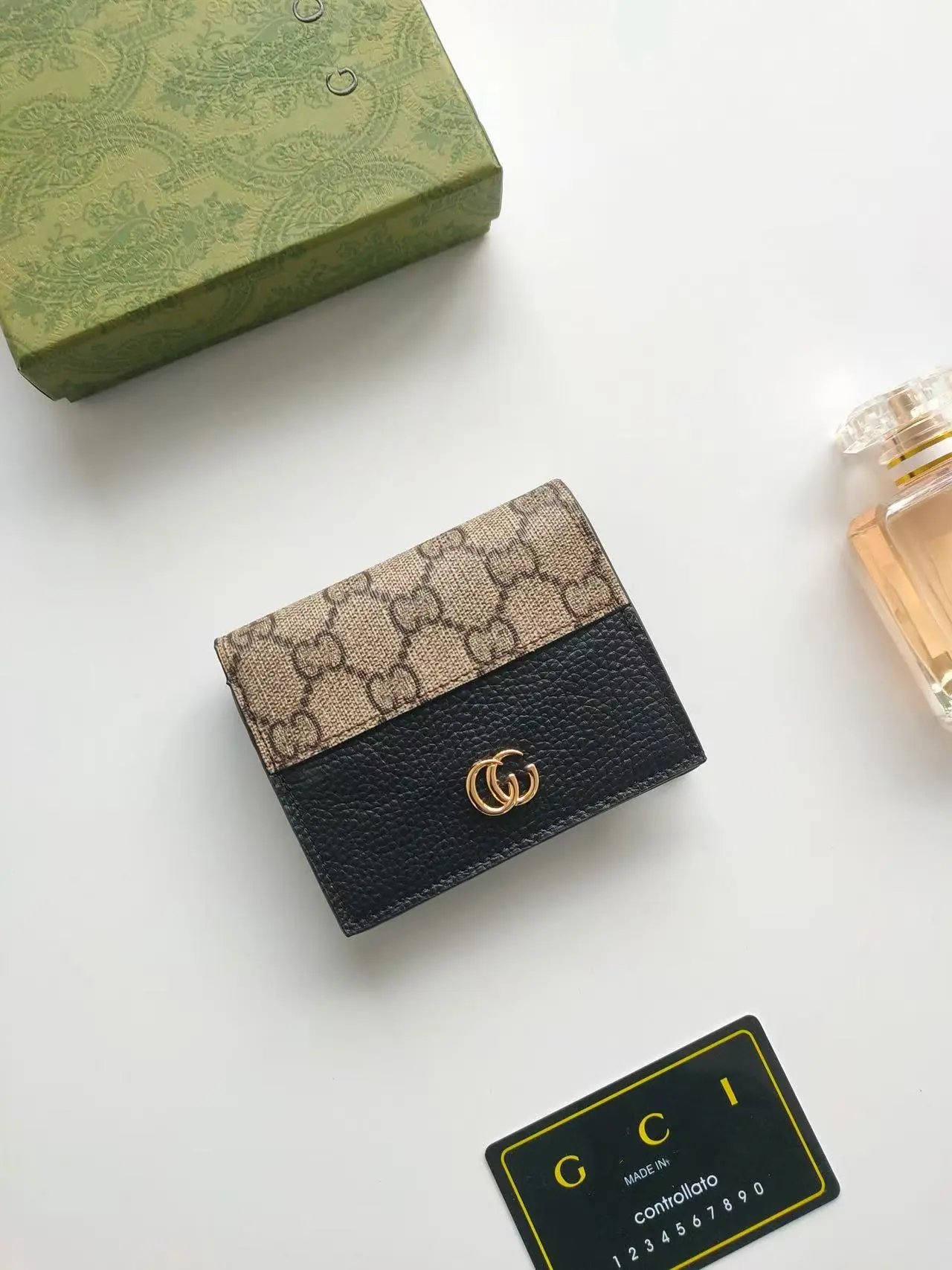 Gucci GG Marmont Mini Wallet Beige and Black Leather Wallet Short Wallet - 7