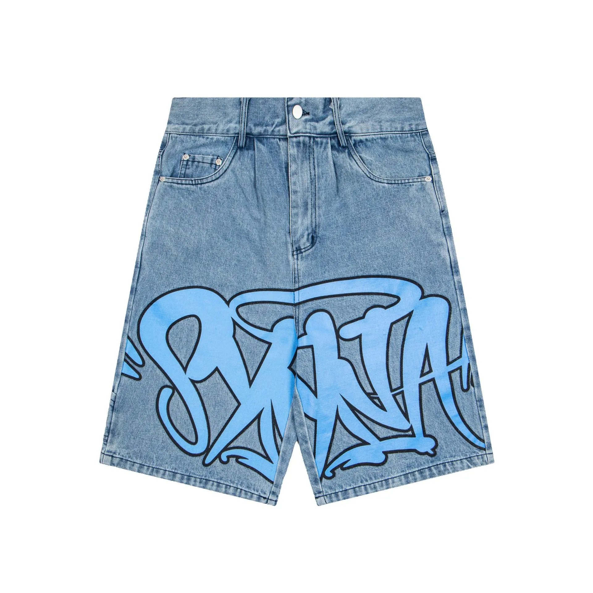 SYNA Graffiti Print Denim Shorts Blue - 1