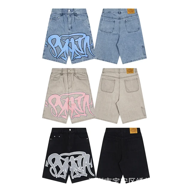 Syna World Shorts Denim with oversized graffiti logo print product detail image 1