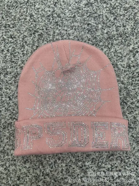 SP5DER Crystal-Embellished Pink Beanie Hats - 1