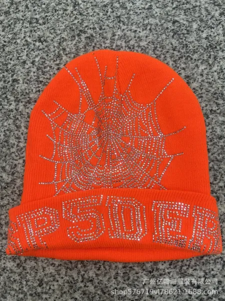 SP5DER Rhinestone Spiderweb Beanie Orange - 1