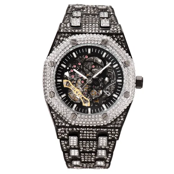 Design Skeleton Watch Black and Silver Crystal-Encrusted Mechanical Watch Watches - 1