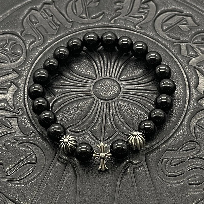 Chrome Hearts Black Onyx Bead Bracelet with Cross Charm Jewelry - 39