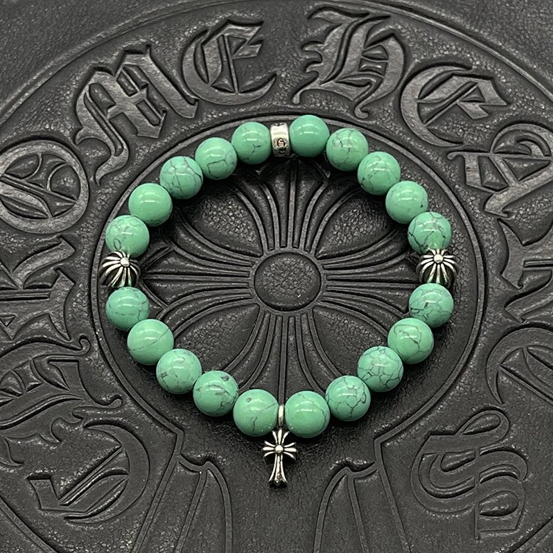 Chrome Hearts Black Onyx Bead Bracelet with Cross Charm Jewelry - 44