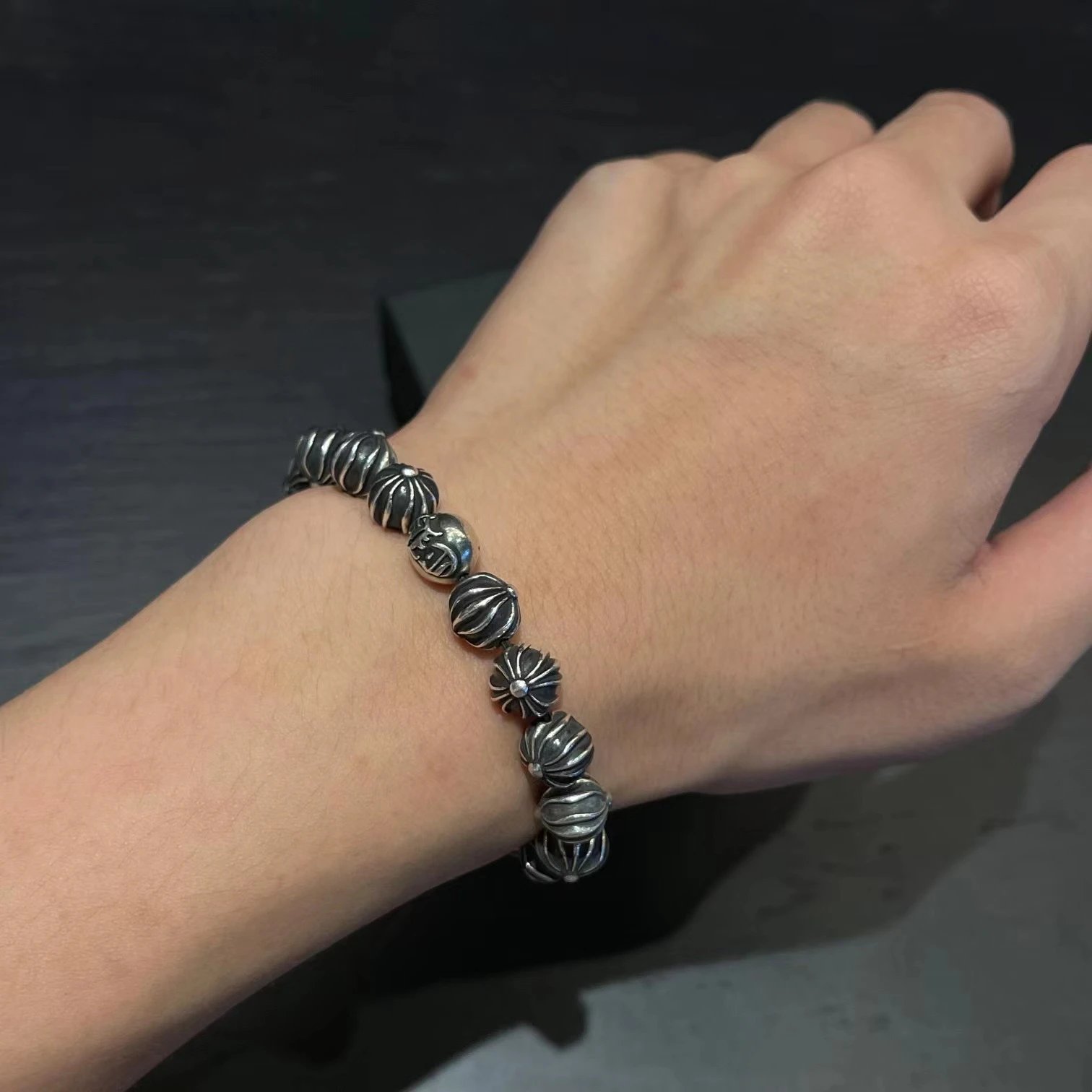 Chrome Hearts Black Onyx Bead Bracelet with Cross Charm Jewelry - 48
