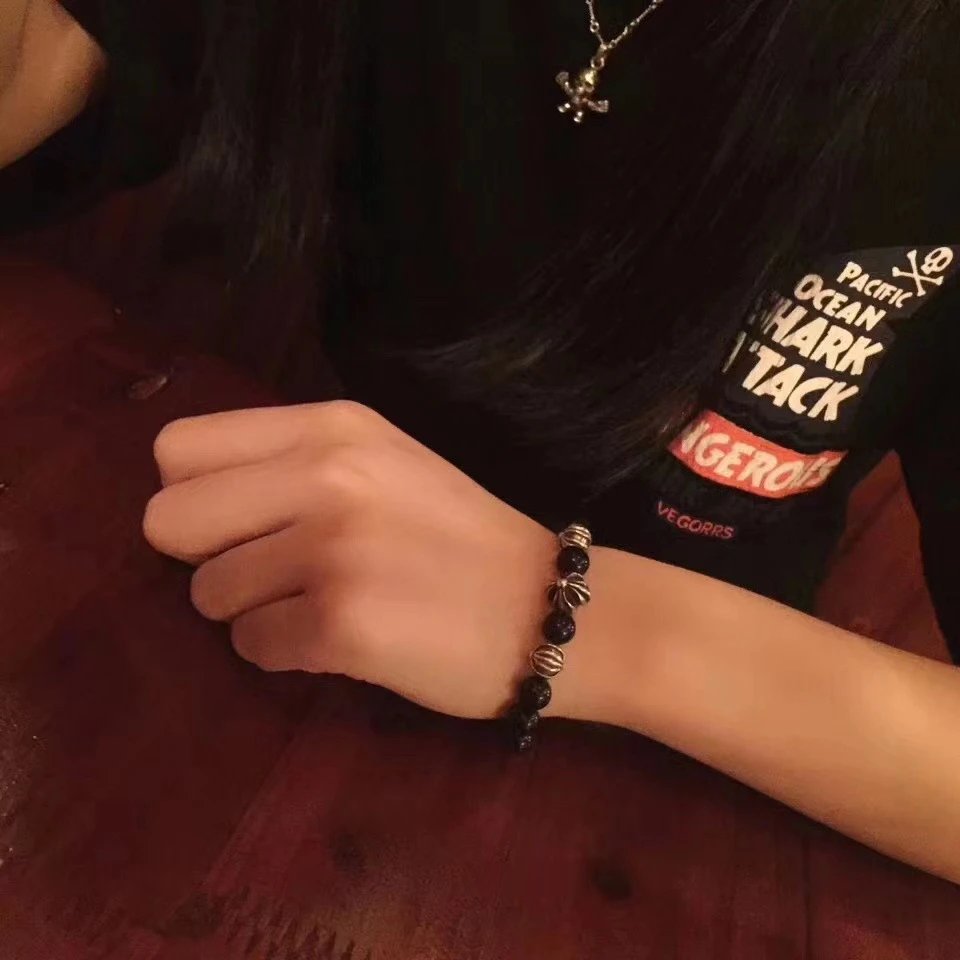 Chrome Hearts Black Onyx Bead Bracelet with Cross Charm Jewelry - 56