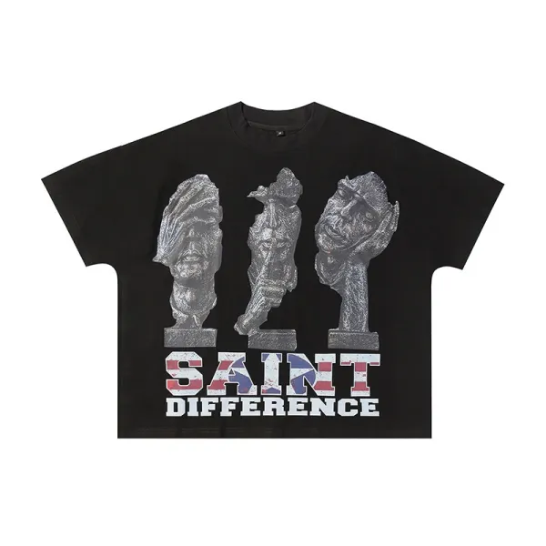 Design Saint Difference Sculpture Print Black Oversized T-Shirt T-Shirts - 1
