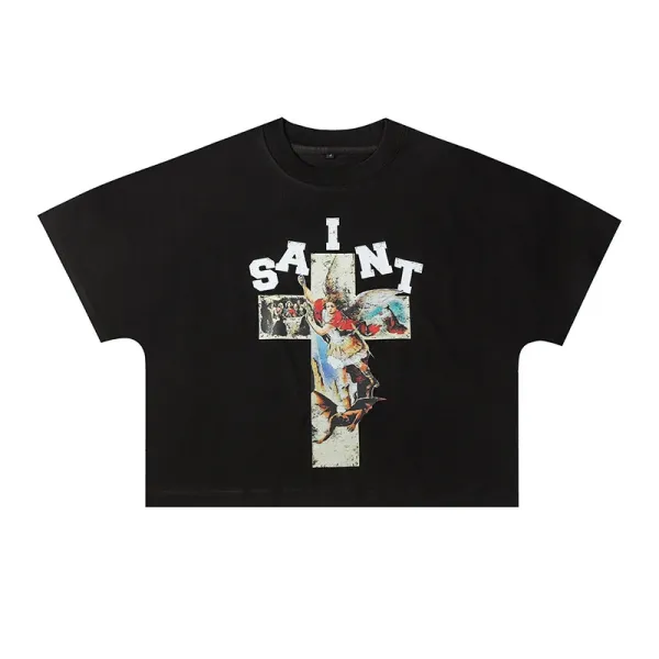 Saint Tears Cross Graphic Cropped T-Shirt Black - 1