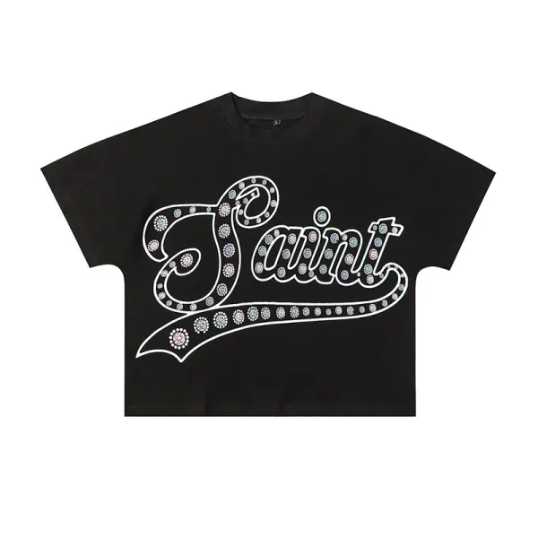 Saint Tears Script Rhinestone Embellished Cropped T-Shirt Black - 1