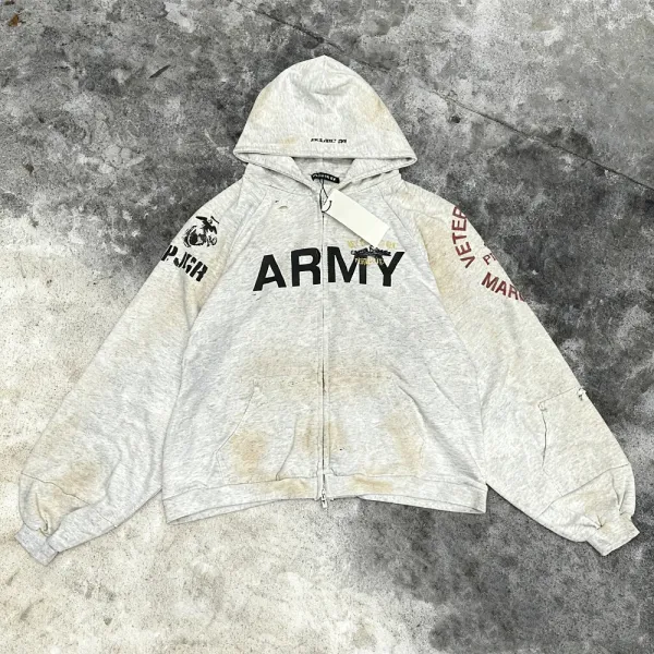 Project Drip x USMC Marines Distressed Zip-Up Hoodie Red - 5