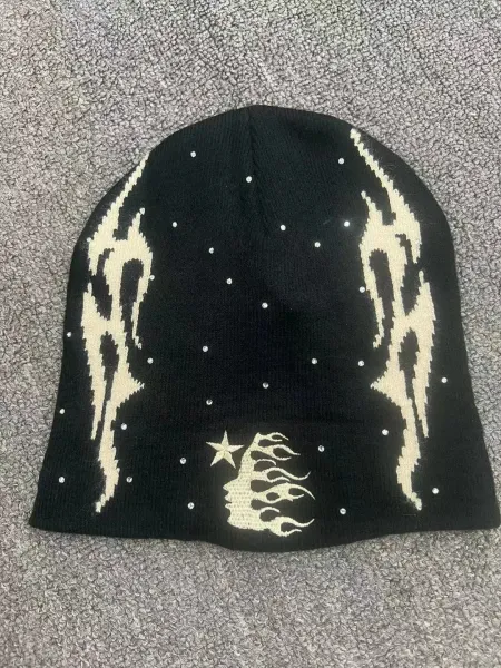 Design Flame Motif Beanie with Rhinestones Black - 1