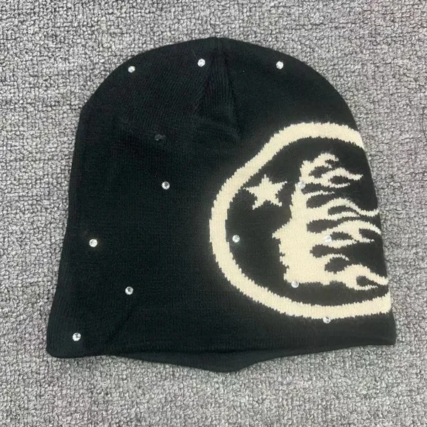 Design Knit Beanie with Celestial Motif and Rhinestone Embellishments Black - 1