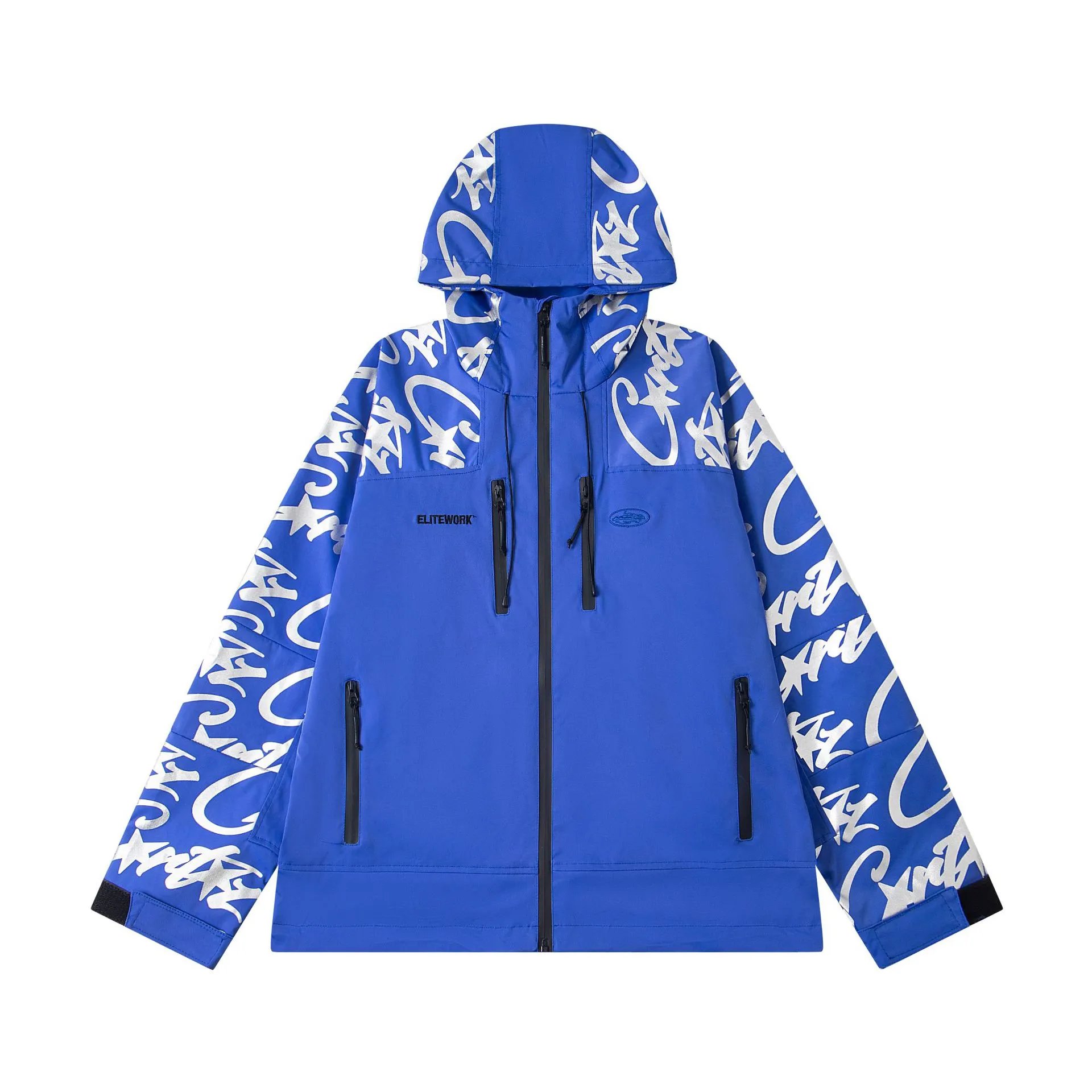 ELITEWORK Graffiti Print Hooded Windbreaker Jacket Blue - 1