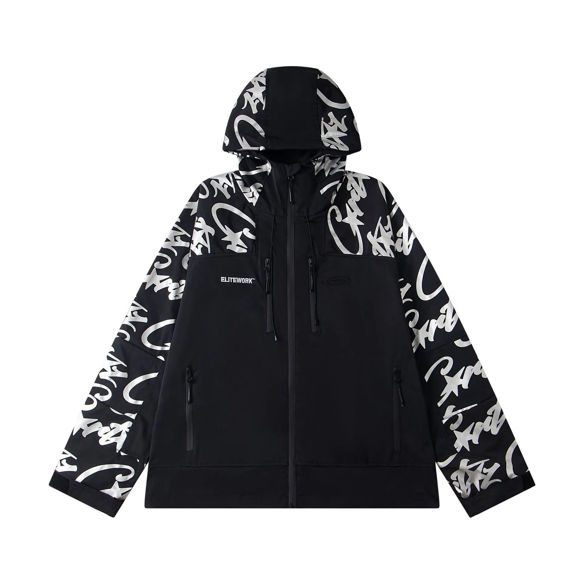 EliteWork Graffiti Print Hooded Windbreaker Black - 1