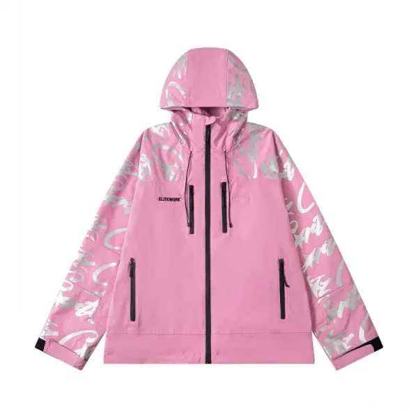 ELITEWORK Graffiti Print Pink Hooded Windbreaker Jacket - 17