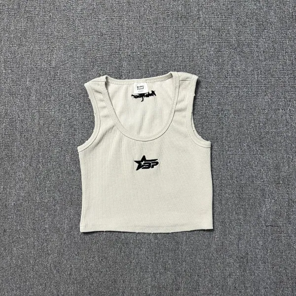 Broken Planet Star Logo Ribbed Crop Tank Top Beige Vest Top - 1
