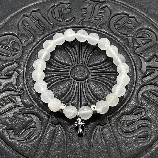 Chrome Hearts White Chalcedony Bead Bracelet with Cross Charm Jewelry - 1