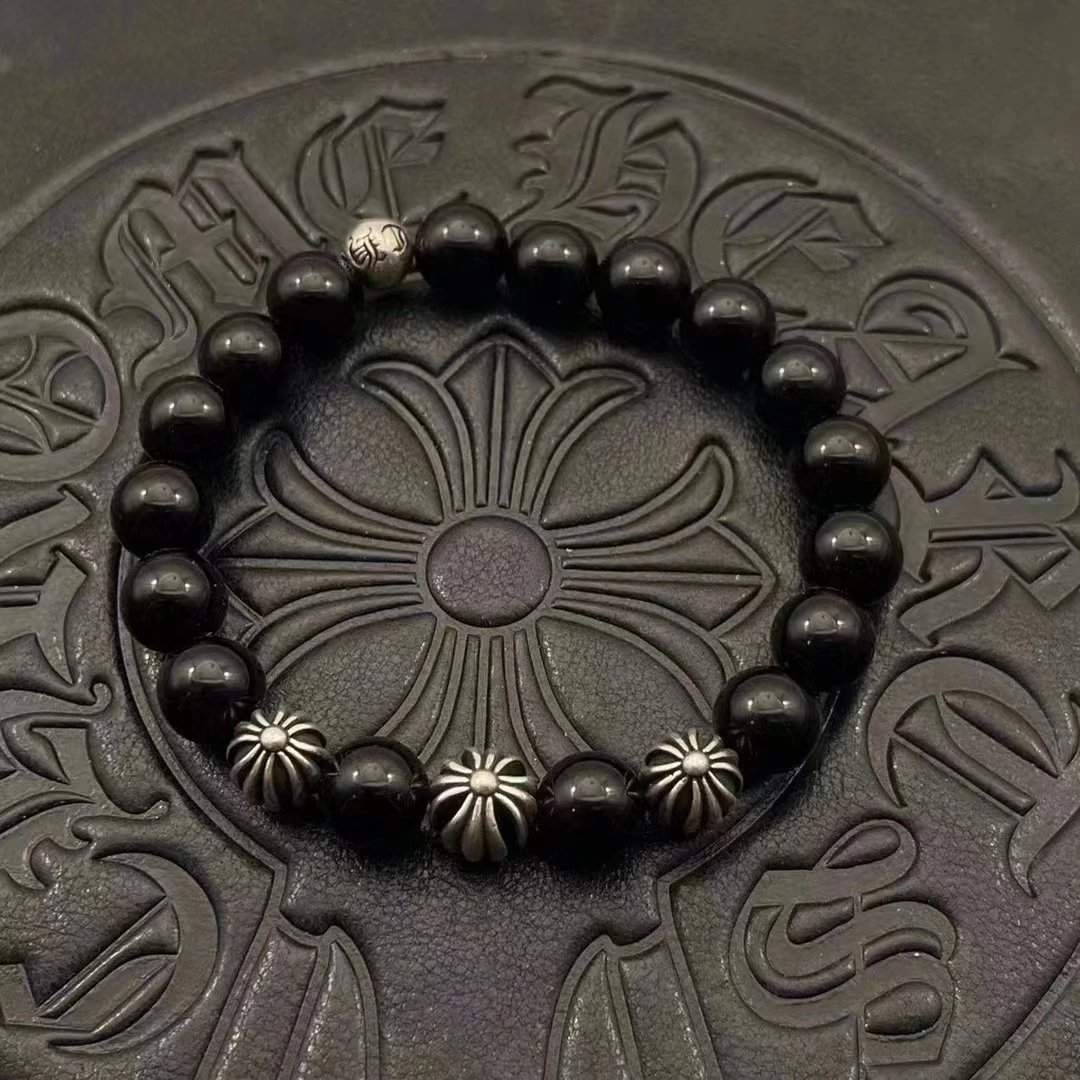 Chrome Hearts Black Onyx Bead Bracelet with Cross Charm Jewelry - 5