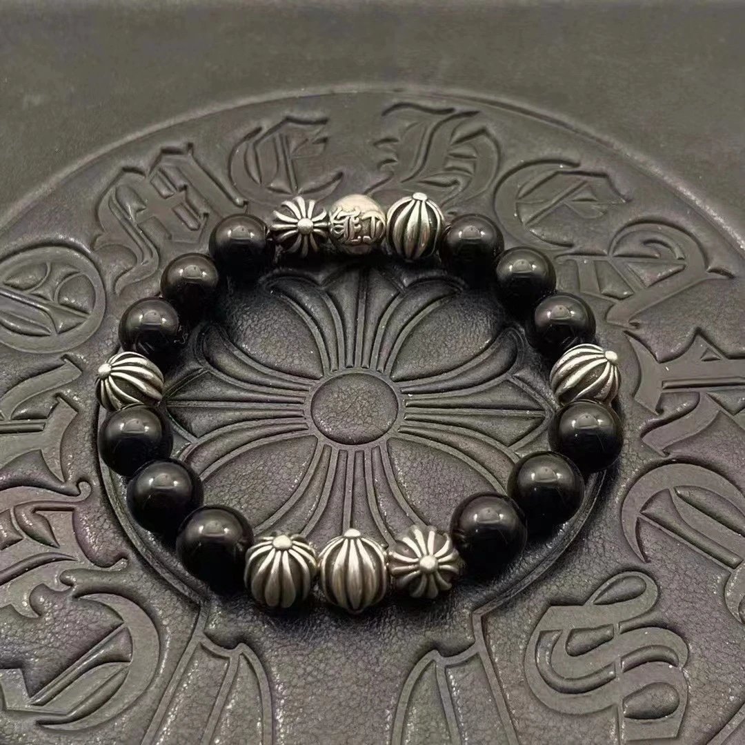 Chrome Hearts Black Onyx Bead Bracelet with Cross Charm Jewelry - 24