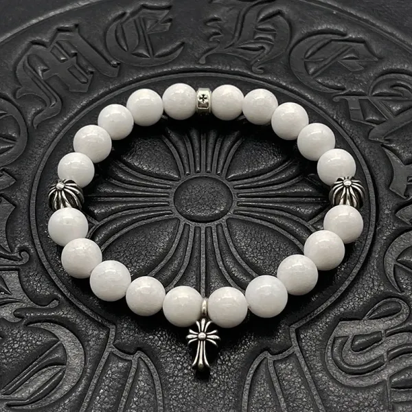 Chrome Hearts White Jade Bead Bracelet with Cross Charm Jewelry - 1