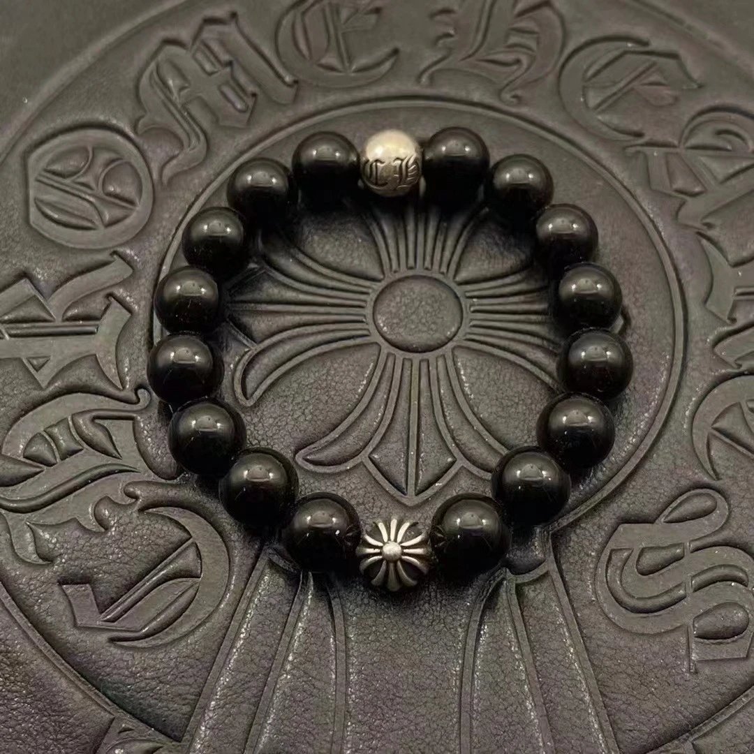 Chrome Hearts Black Onyx Bead Bracelet with Cross Charm Jewelry - 6