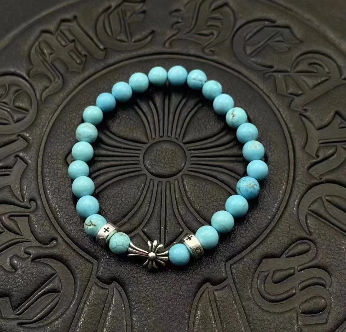 Chrome Hearts Black Onyx Bead Bracelet with Cross Charm Jewelry - 18