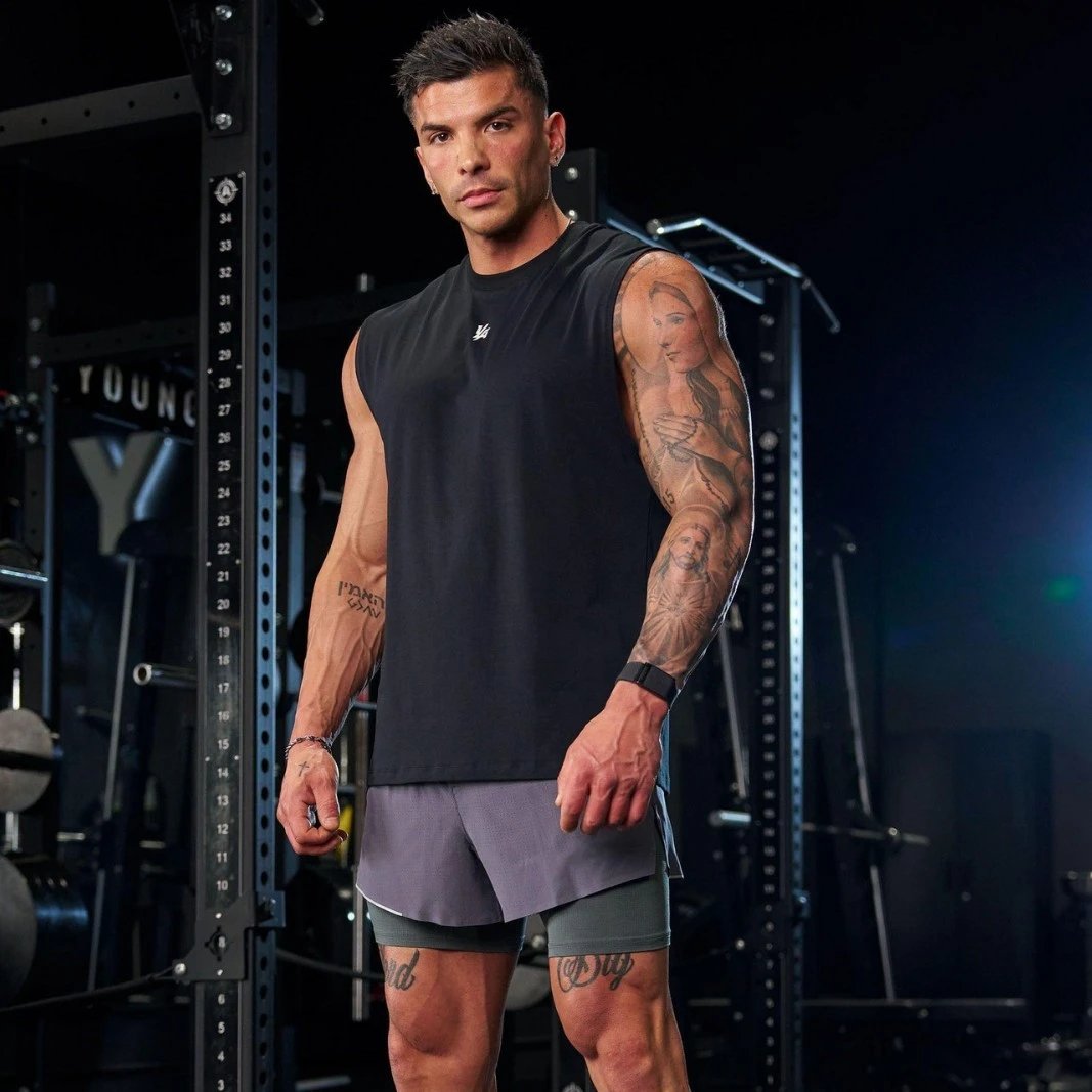 LA Black Sleeveless Muscle Tee with Grey Shorts