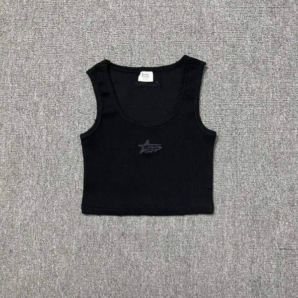 Broken Planet Star Logo Ribbed Crop Tank Top Black Vest Top - 1