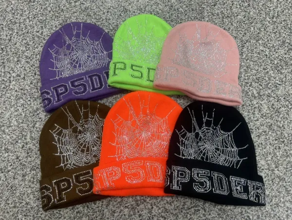 SP5DER Rhinestone Spiderweb Beanie Orange - 3
