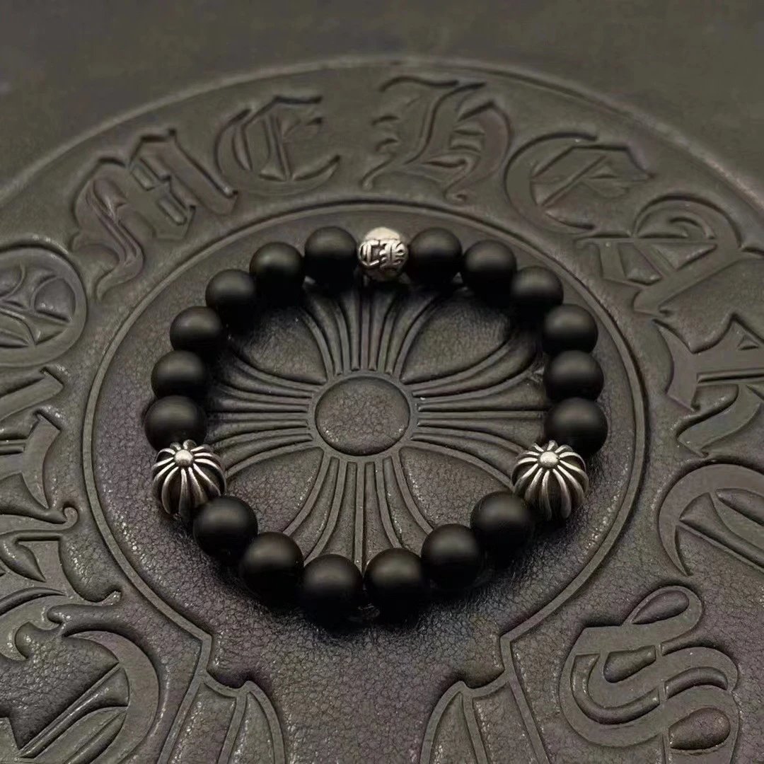 Chrome Hearts Black Onyx Bead Bracelet with Cross Charm Jewelry - 8