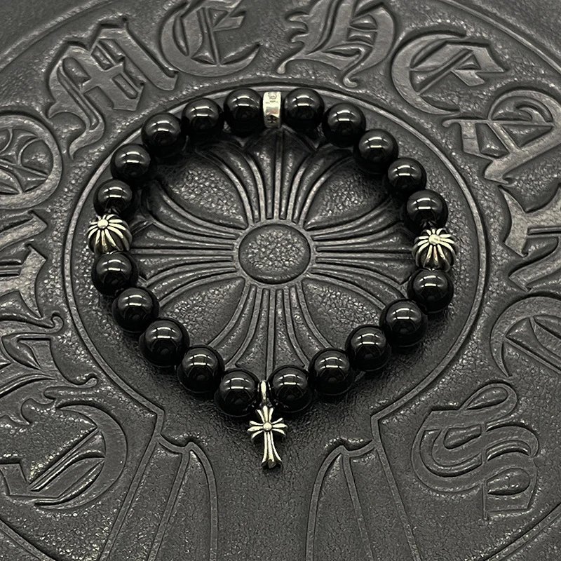 Chrome Hearts Black Onyx Bead Bracelet with Cross Charm Jewelry - 38
