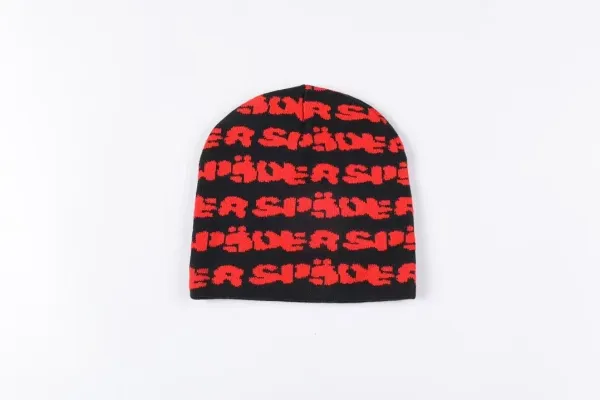 SP5DER Repeat Logo Knit Beanie Black Red - 1