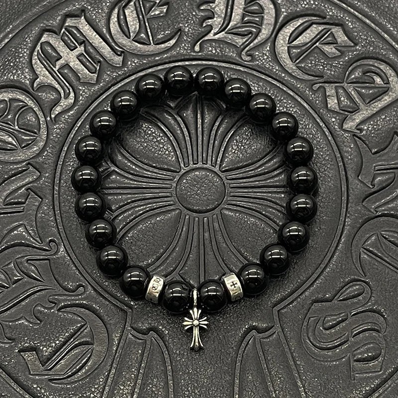 Chrome Hearts Black Onyx Bead Bracelet with Cross Charm Jewelry