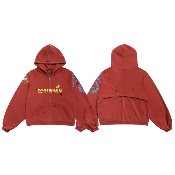 Project Drip x USMC Marines Distressed Zip-Up Hoodie Red - 1