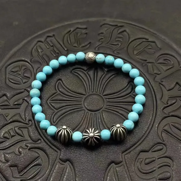 Chrome Hearts Turquoise Bead Bracelet with Sterling Silver Floral Charms Jewelry - 1