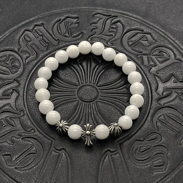 Chrome Hearts White Jade Bead Bracelet with Cross and Thorn Charms Jewelry - 1