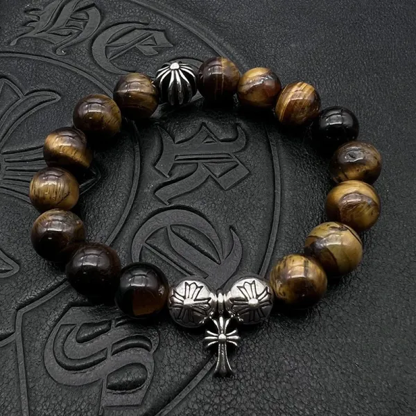 Chrome Hearts Tiger's Eye Bead Bracelet with Cross Charm Jewelry - 1