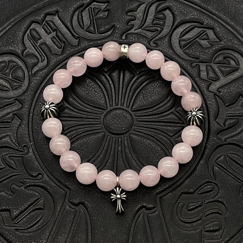 Chrome Hearts Rose Quartz Beaded Bracelet with Cross Charms