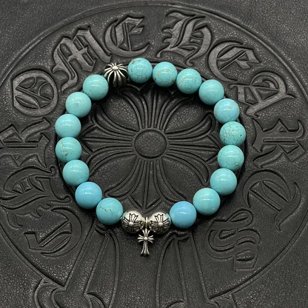 Chrome Hearts Turquoise Bead Bracelet with Cross and Floral Charms Jewelry - 1