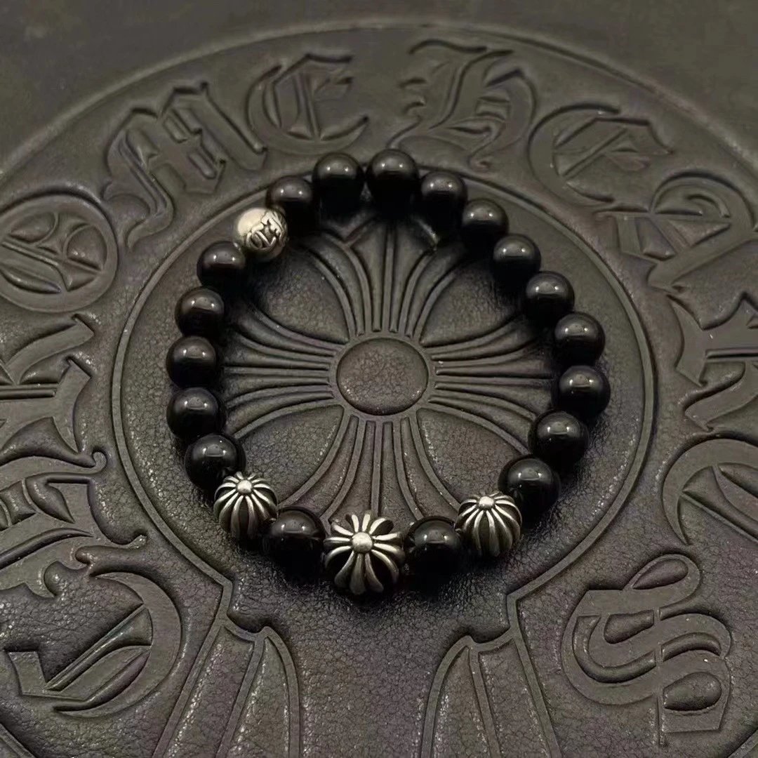 Chrome Hearts Black Onyx Bead Bracelet with Cross Charm Jewelry - 7