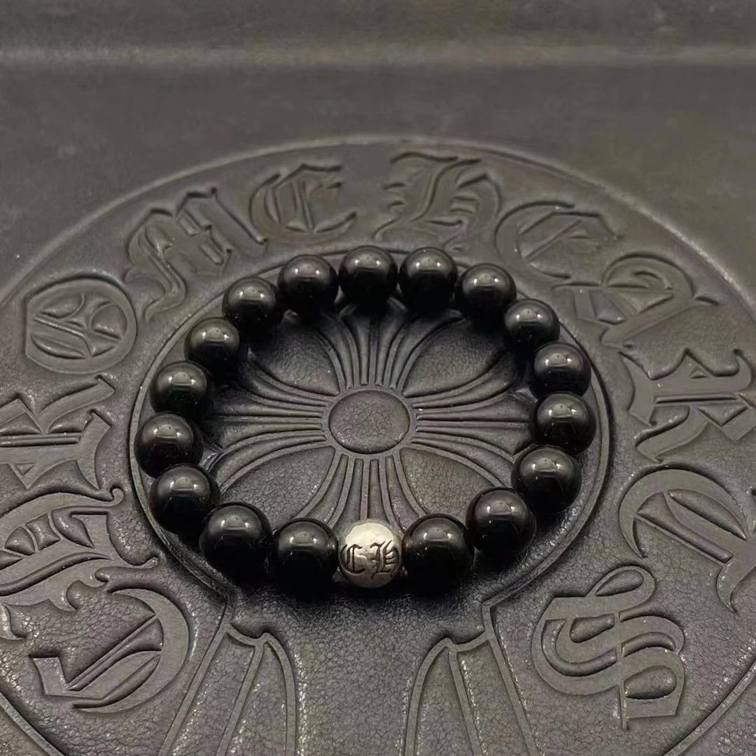 Chrome Hearts Black Onyx Bead Bracelet with Cross Charm Jewelry - 4