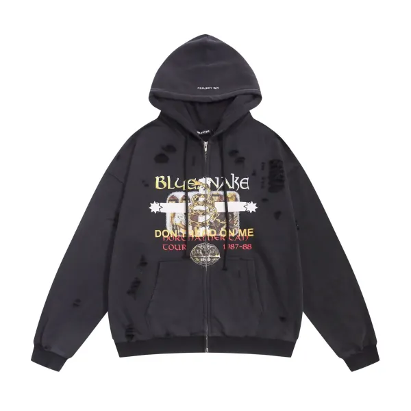 Project Q/R x Blue Snake Distressed Zip-Up Hoodie Black - 1