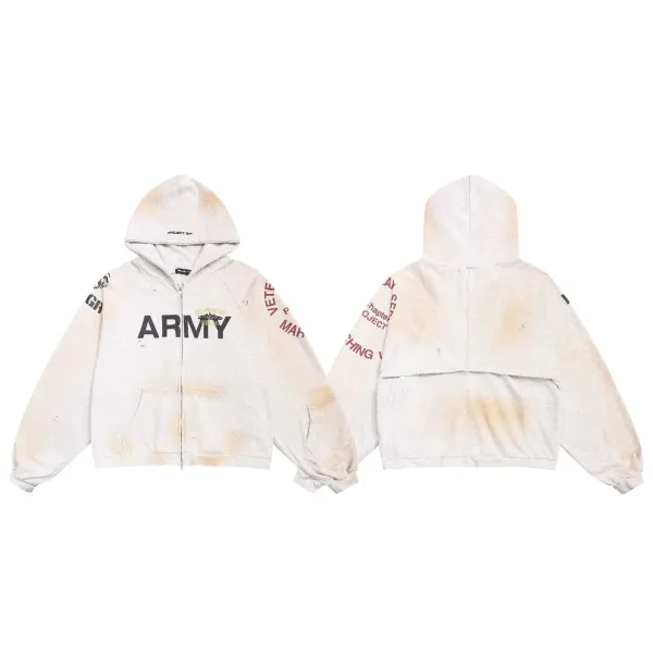 Project Dvr Army Distressed Zip-Up Hoodie Gray - 1