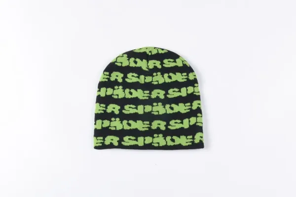 SP5DER Logo Repeat Knit Beanie Black Lime Green - 1