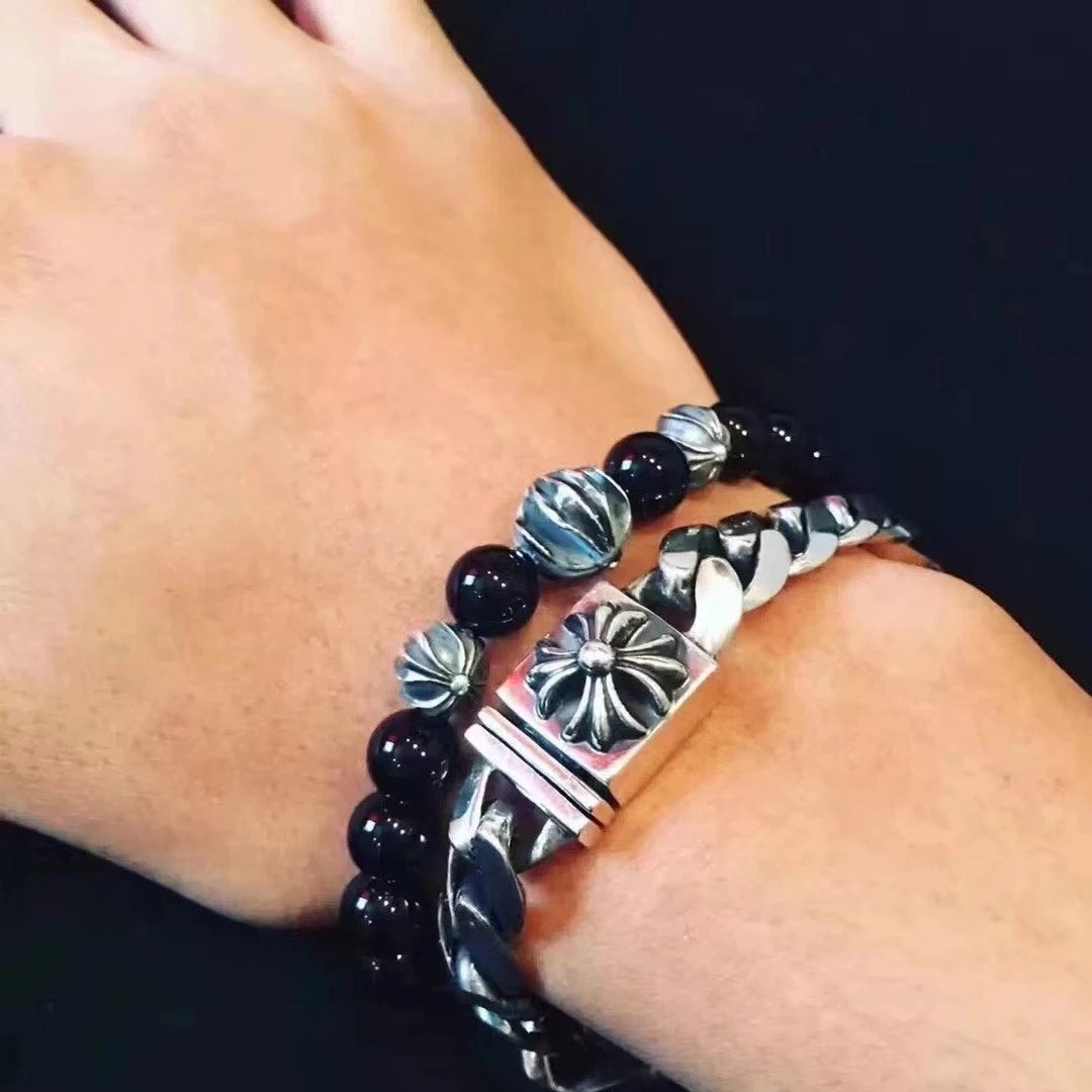Chrome Hearts Black Onyx Bead Bracelet with Cross Charm Jewelry - 55