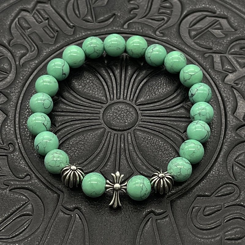 Chrome Hearts Black Onyx Bead Bracelet with Cross Charm Jewelry - 45